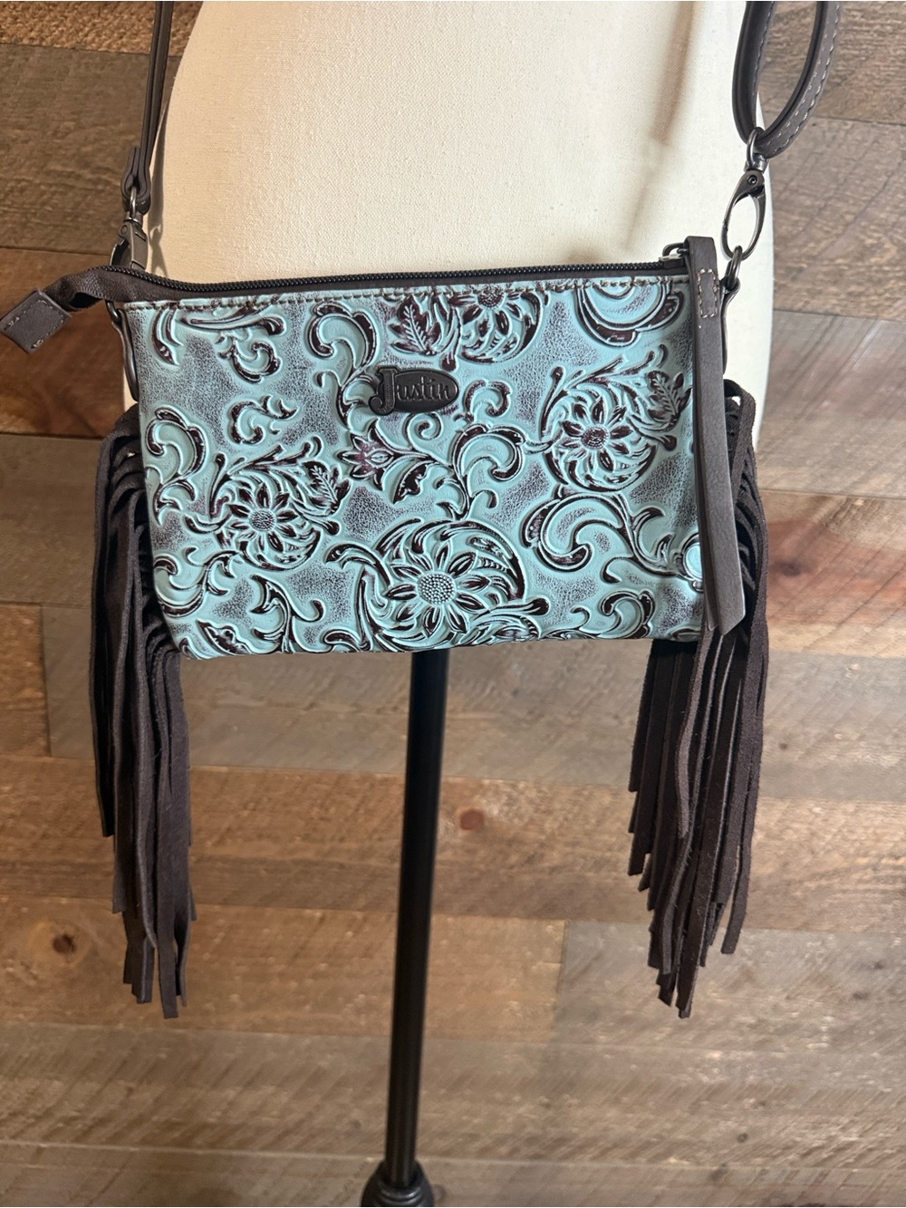 Justin Turquoise Tooled Crossbody Clutch w/ Fringe Western Boho Bag